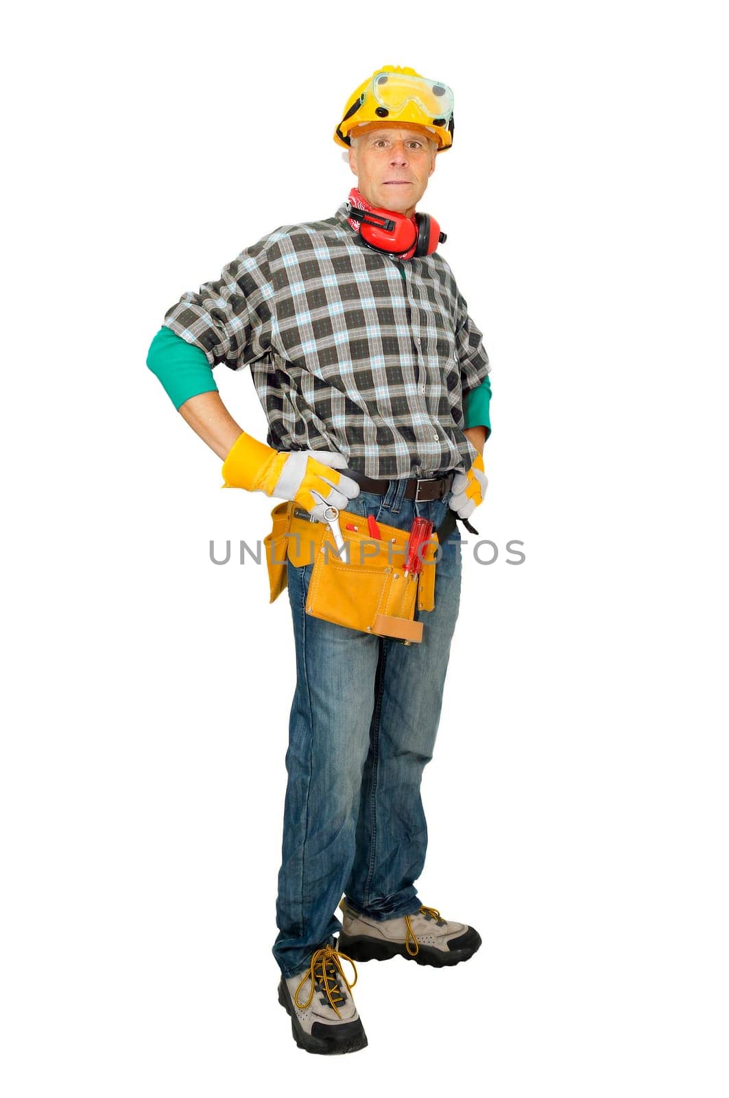 Mature construction worker isolated in white