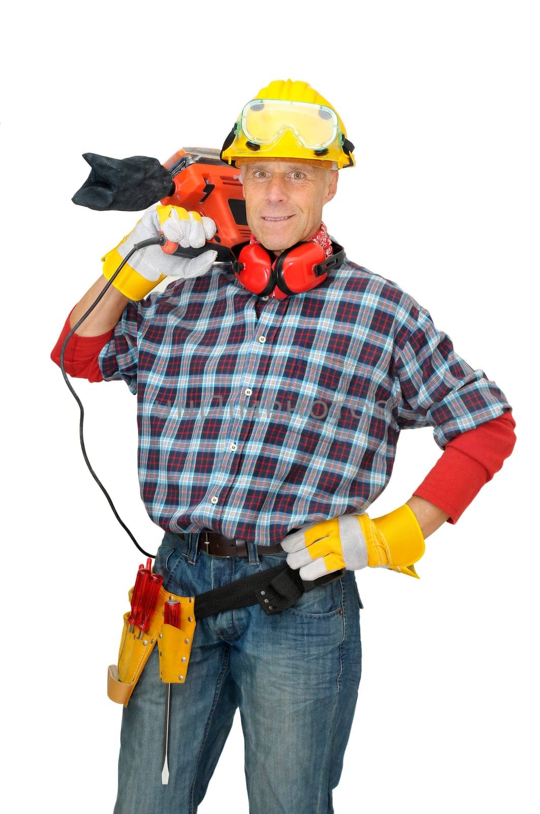 Mature construction worker isolated in white