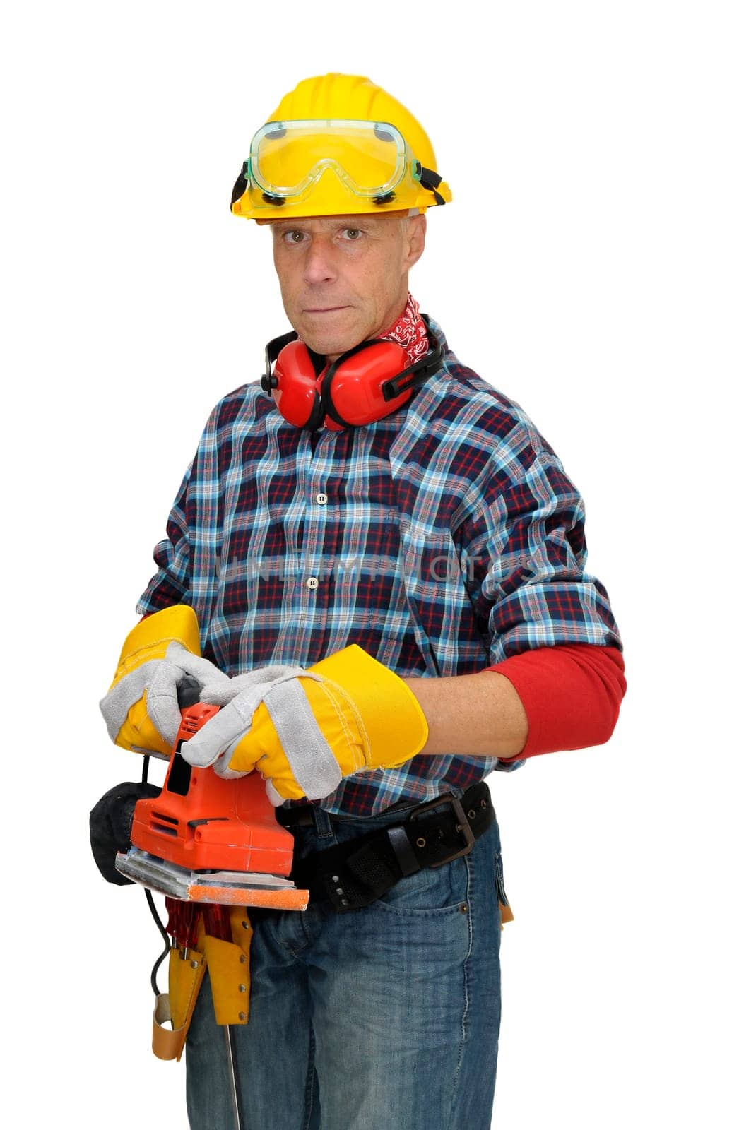 Mature construction worker isolated in white
