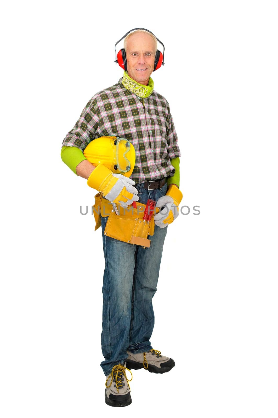 Mature construction worker isolated in white