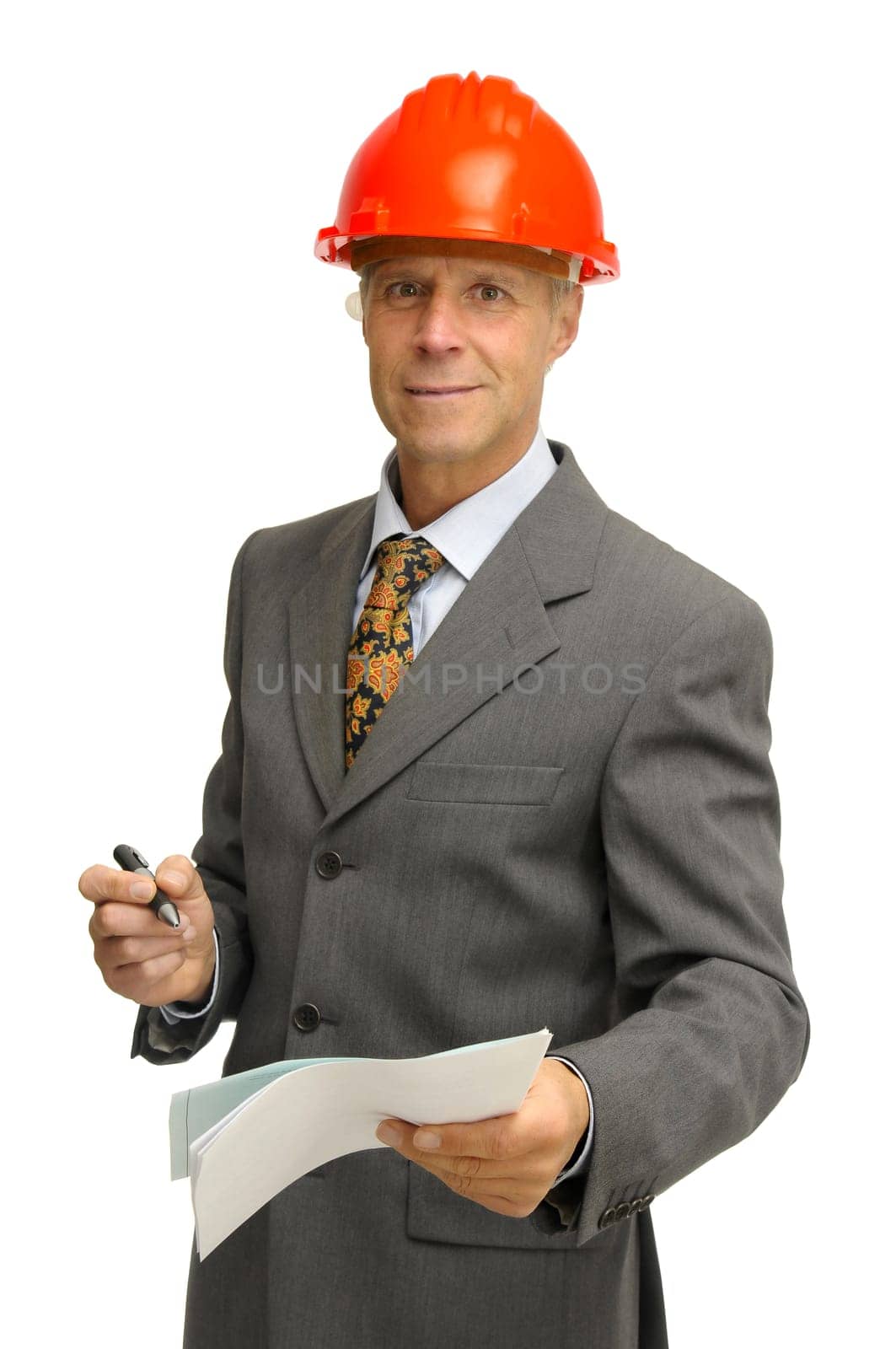 Mature engineer isolated in white