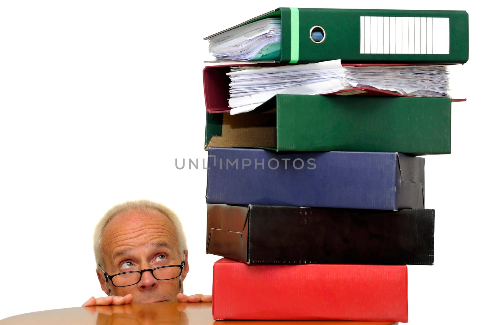 Worker with stack of files isolated in white