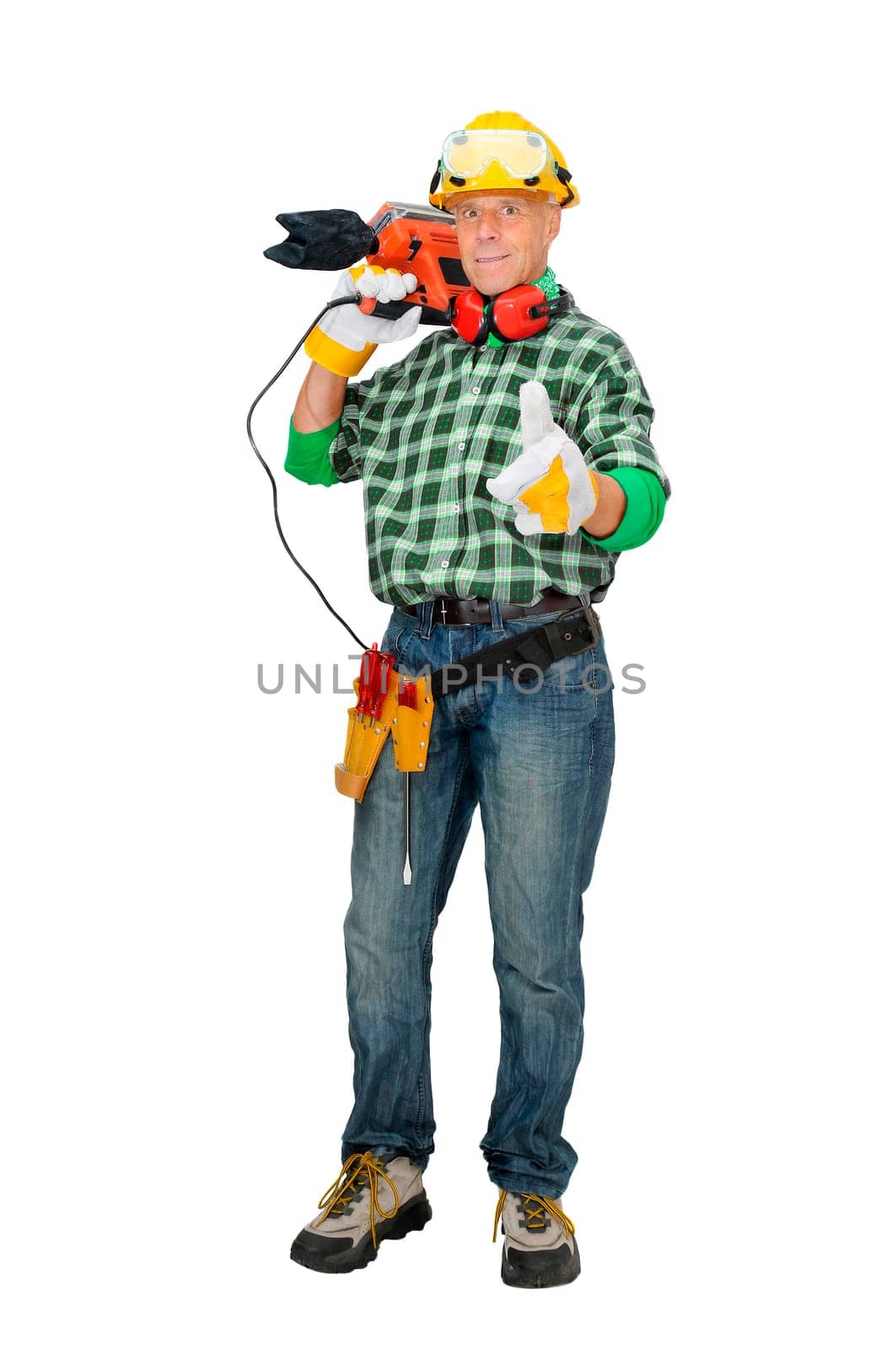 Mature construction worker isolated in white