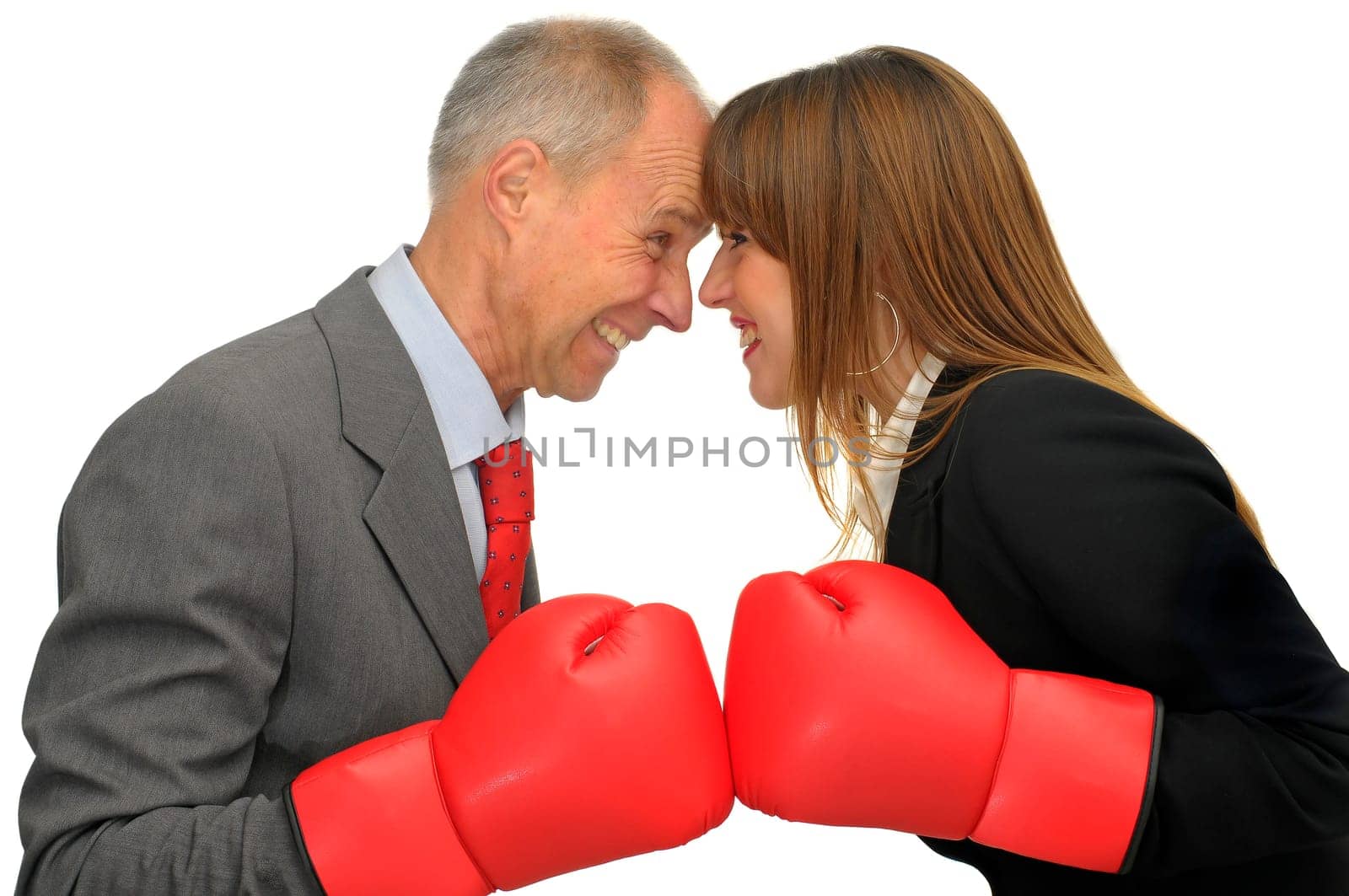 Business woman and businessman fighting isolated in white