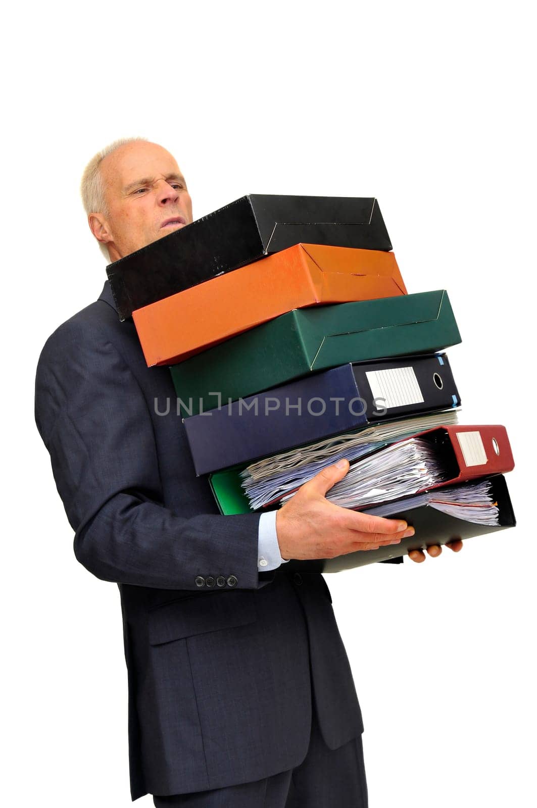 Mature businessman with stack of files isolated in white
