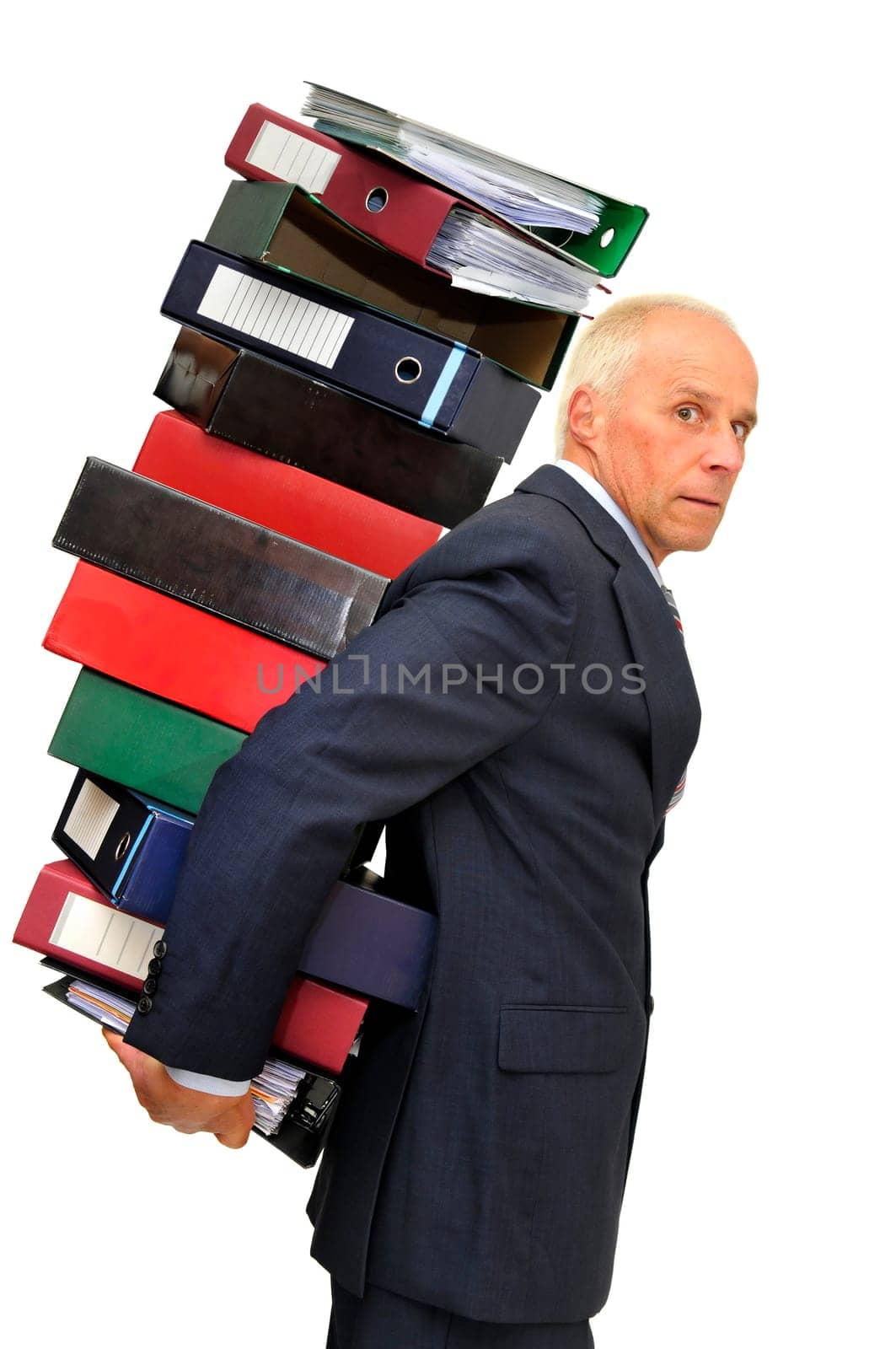 Worker with stack of files isolated in white