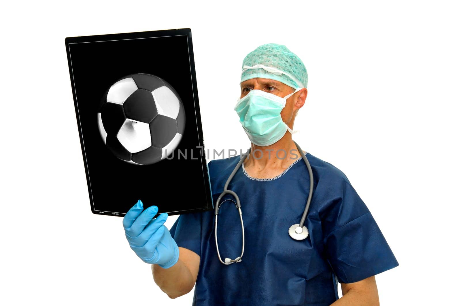 Doctor with soccer ball x-ray isolated in white