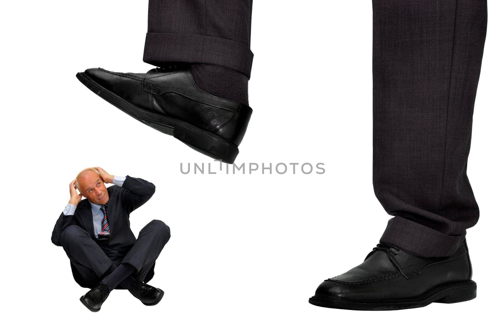 Mature businessman affraid of big CEO isolated in white