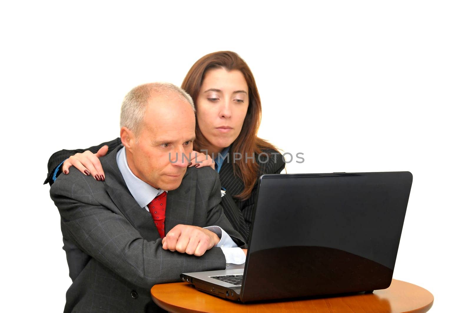 Businessman and woman with laptop isolated against a white background