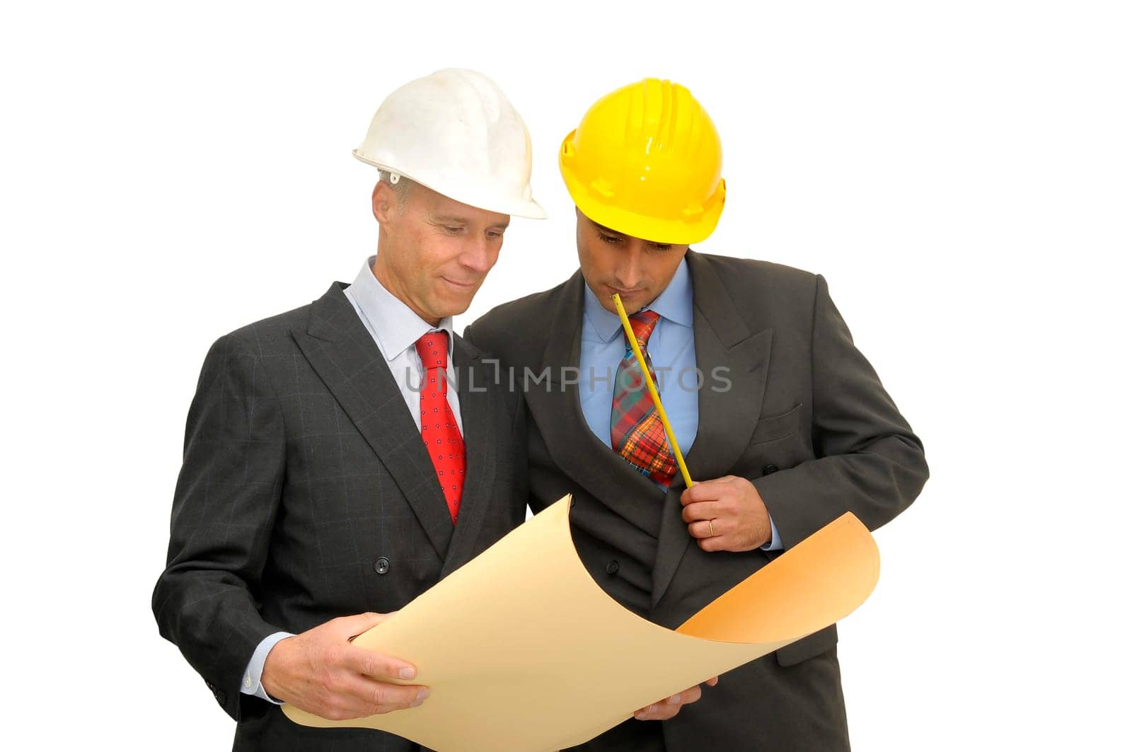 Two engineers isolated against a white background