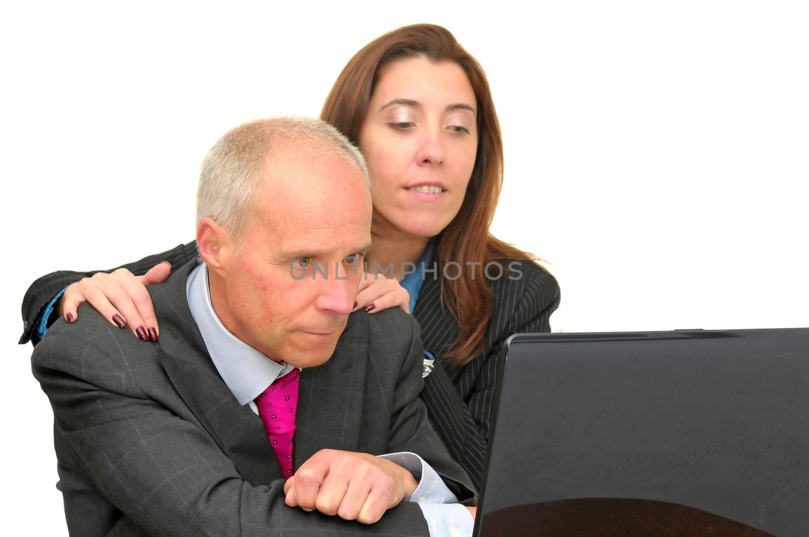 Businessman and woman with laptop isolated against a white background