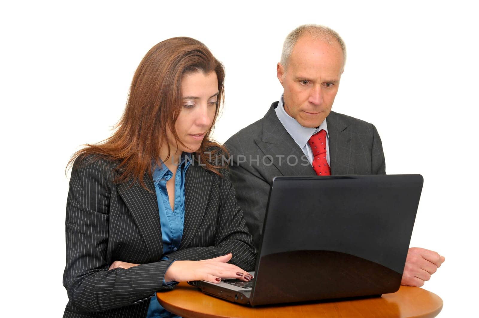 Businessman and woman with laptop isolated against a white background