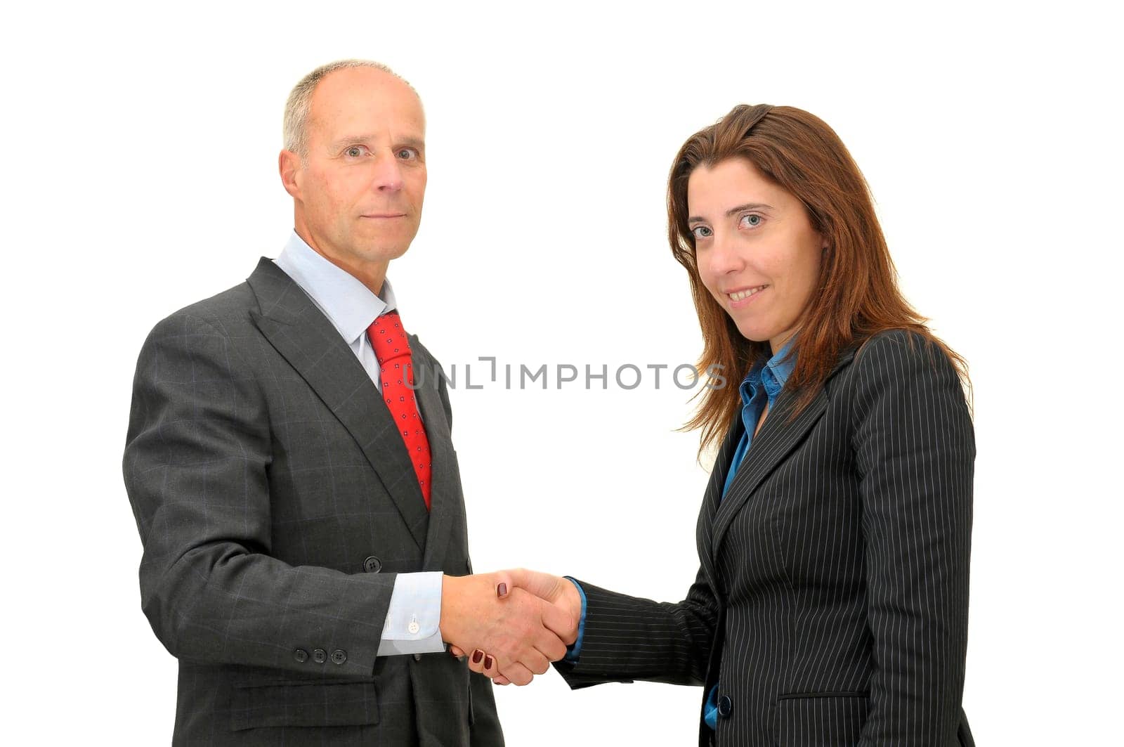 Businessman and woman shaking hands isolated against a white background