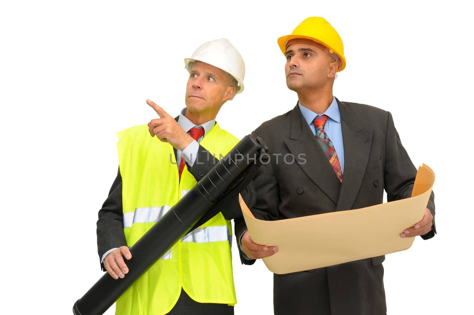 Two engineers isolated against a white background