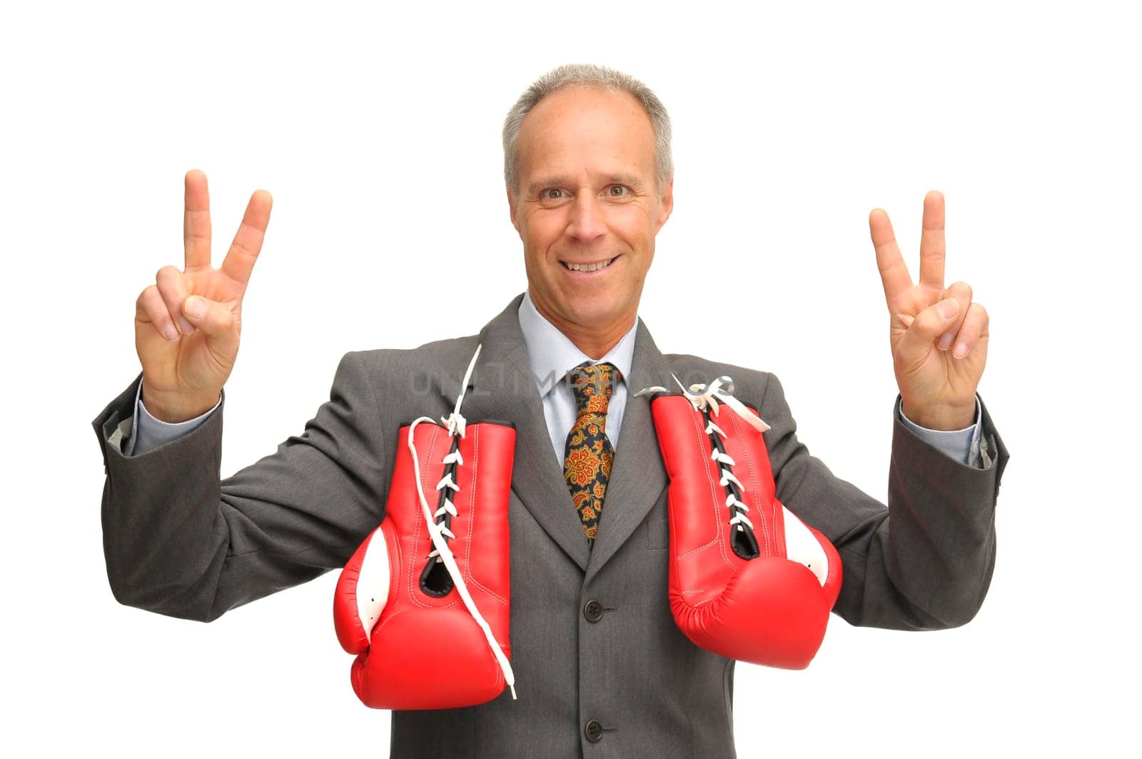 Businessman with boxing gloves isolated against a white background