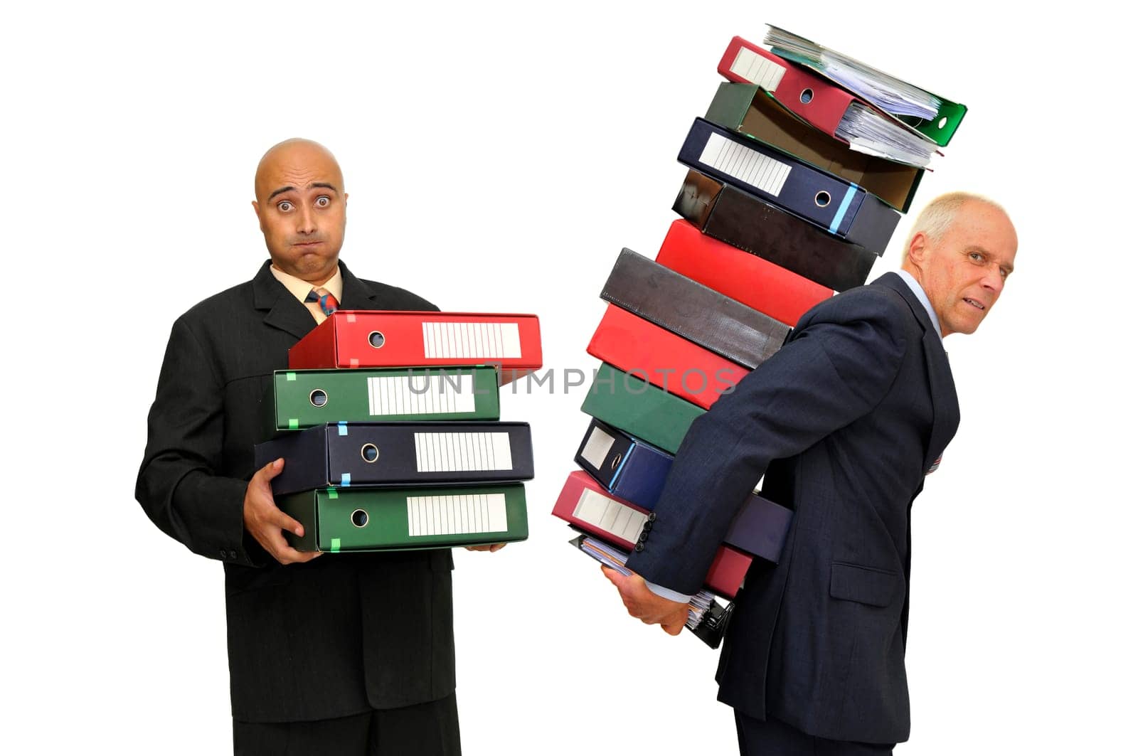 Workers with stack of files isolated in white