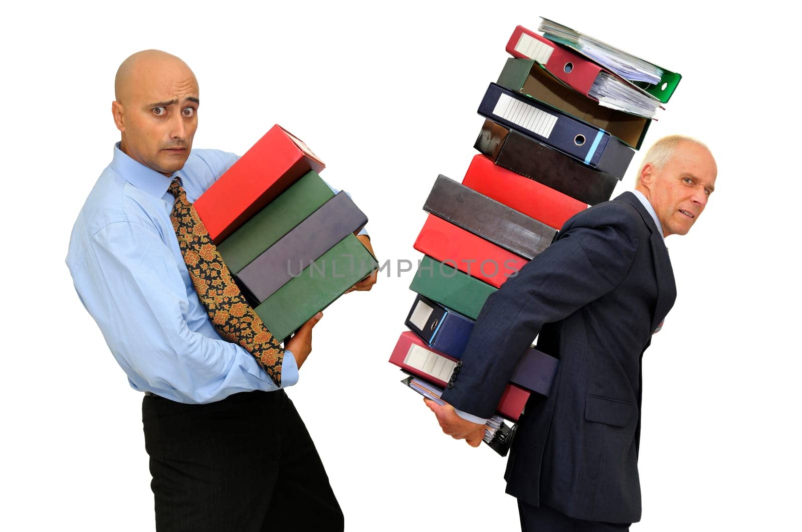 Workers with stack of files isolated in white