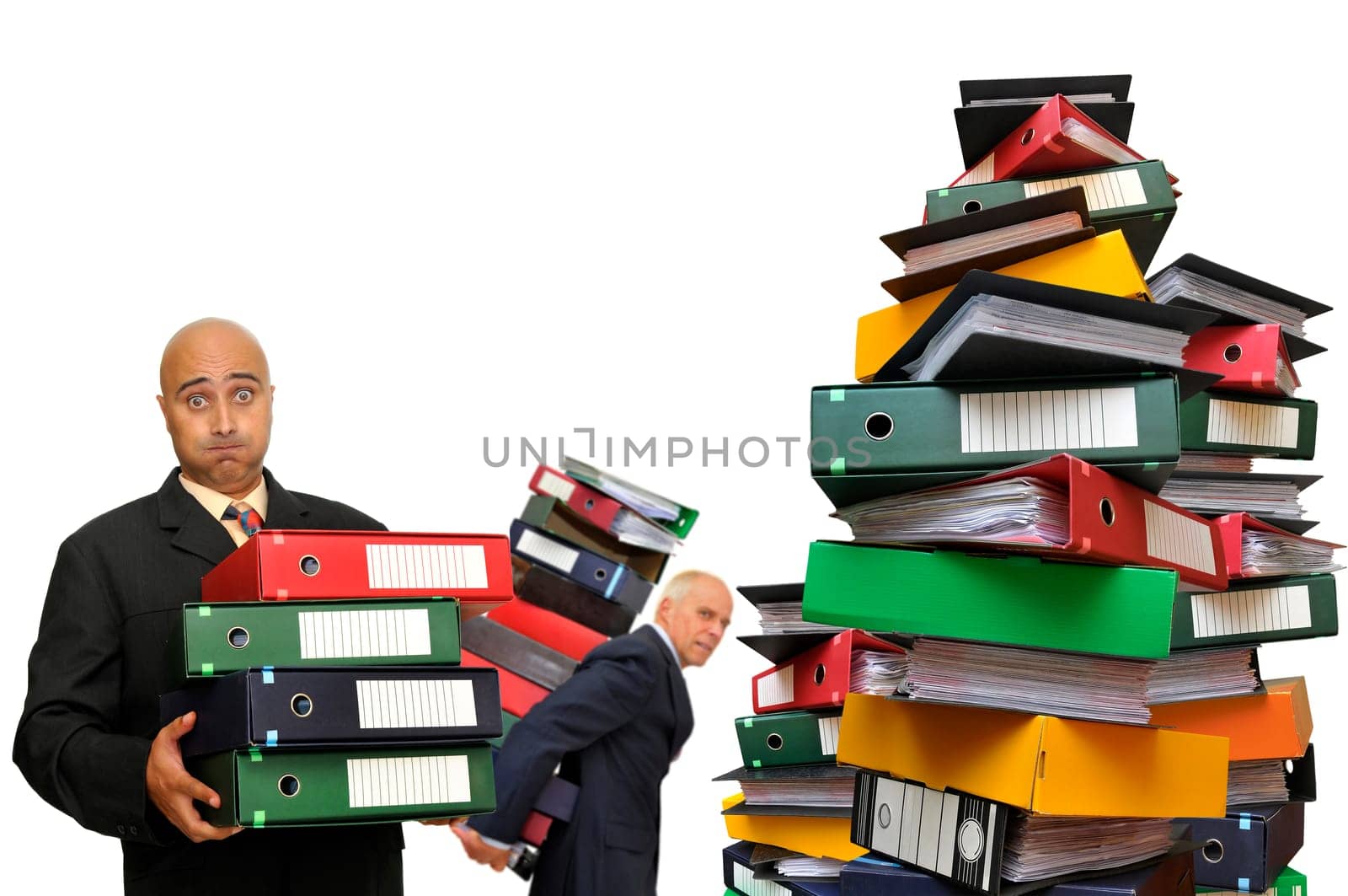Workers with stack of files isolated in white