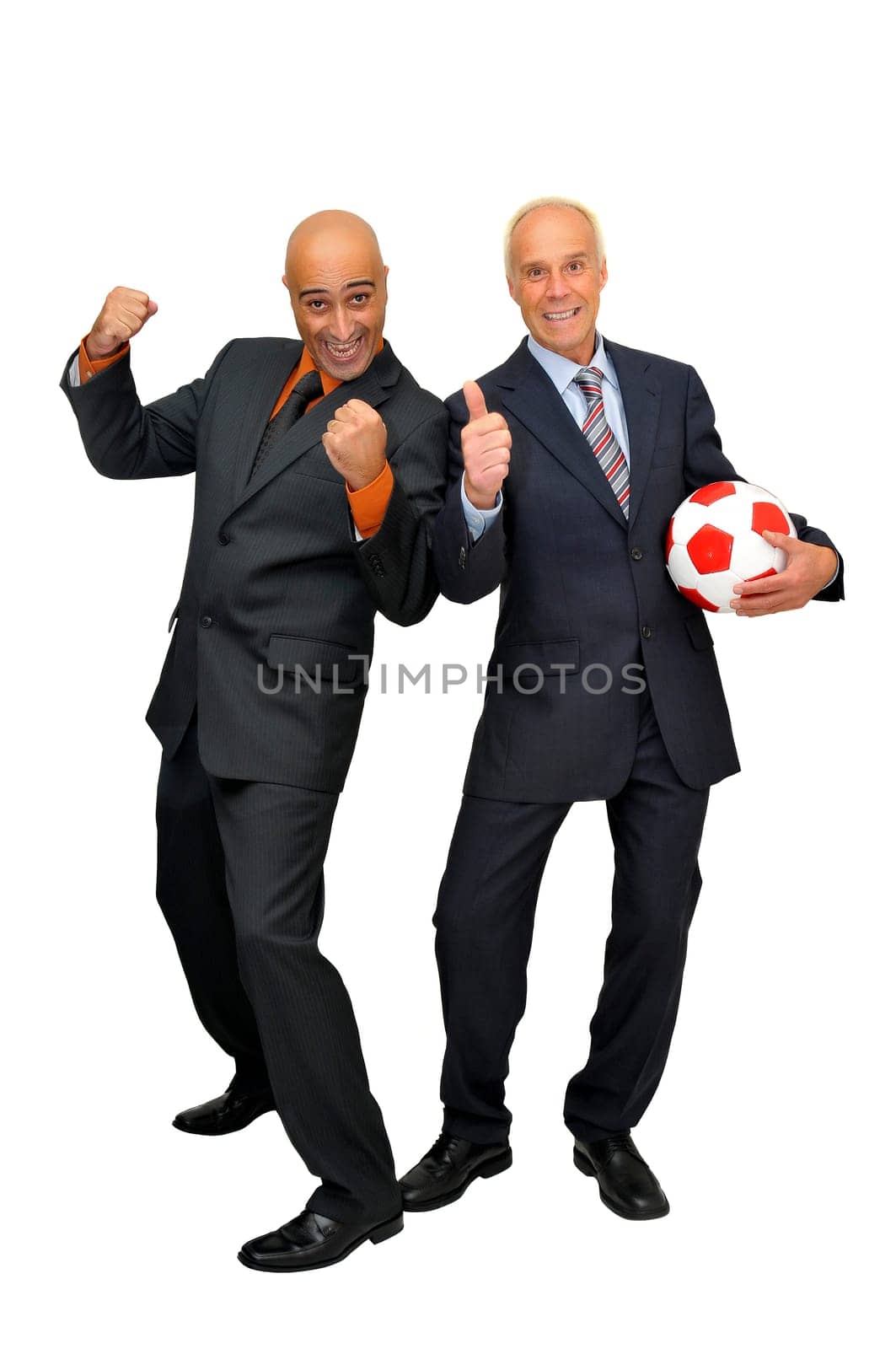 Businessmen team with soccer ball isolated in white