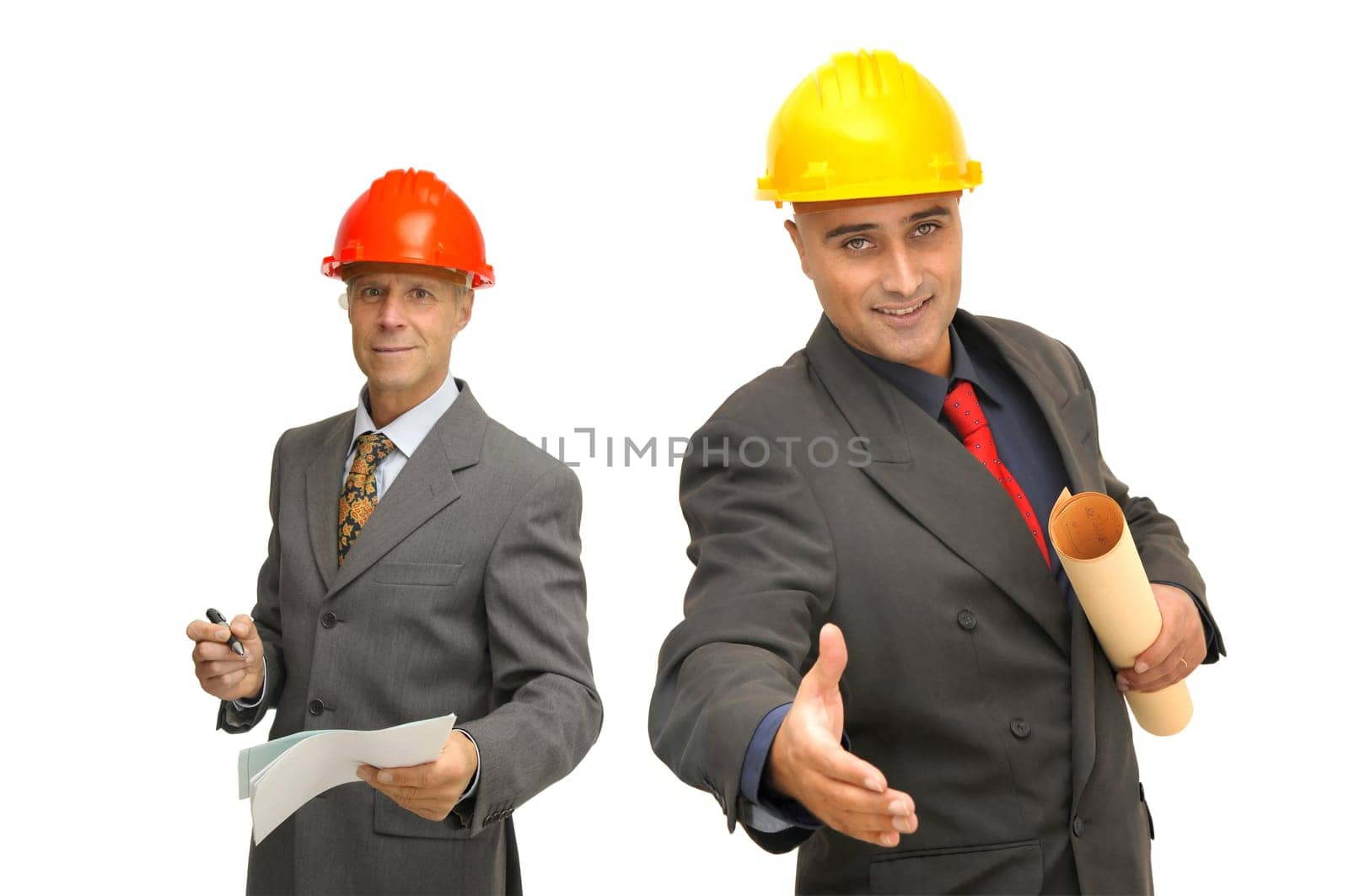 Engineers with contract isolated against a white background