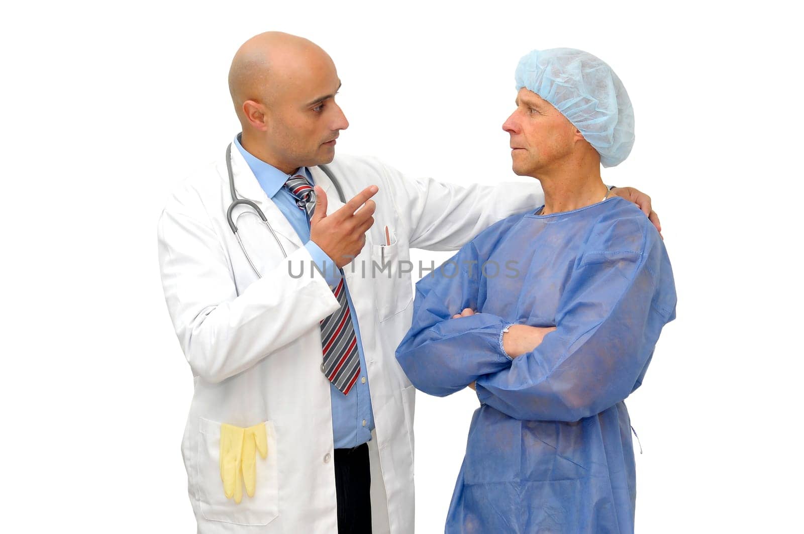 Doctor talking to his patient isolated in white