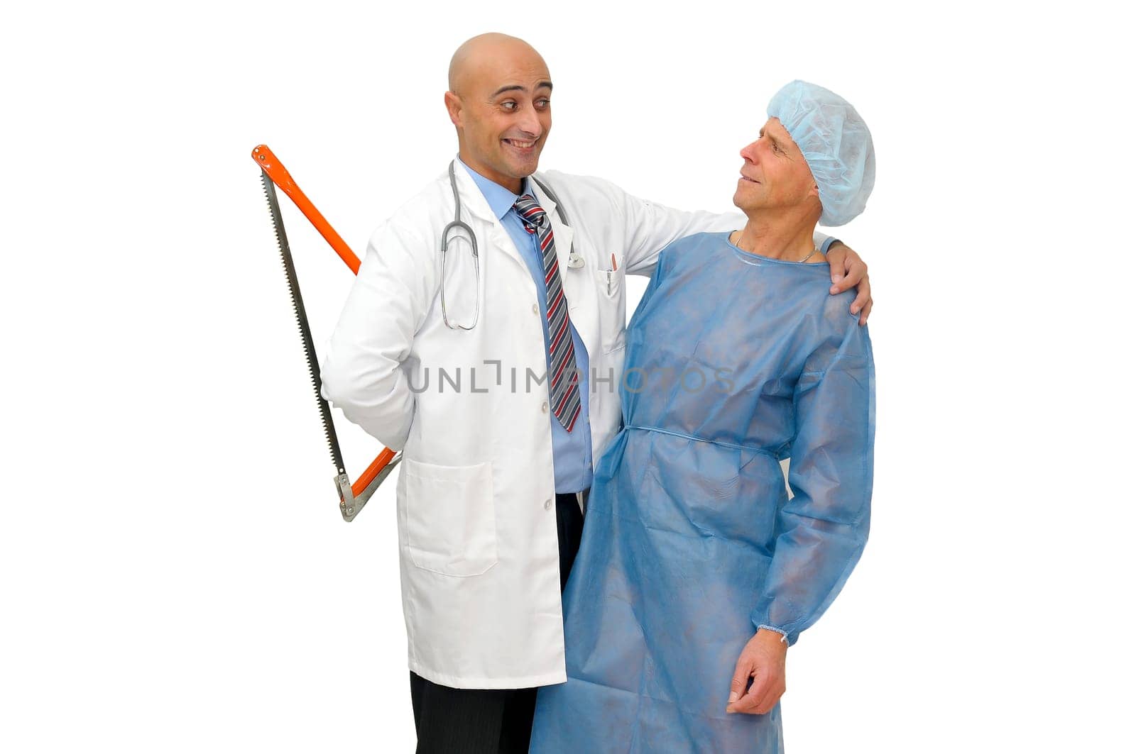 Doctor with hidden saw talking to his patient isolated in white