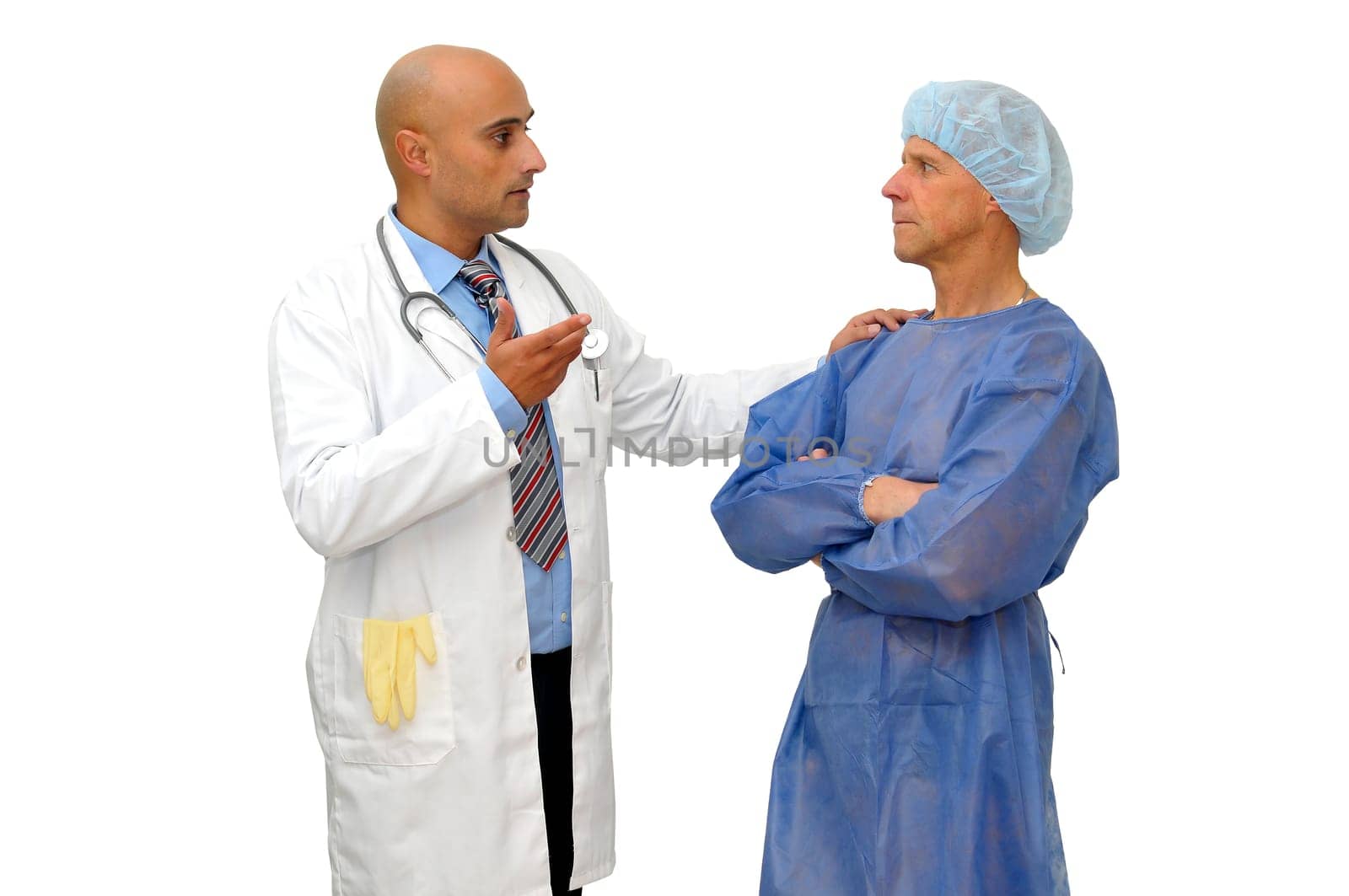 Doctor talking to his patient isolated in white