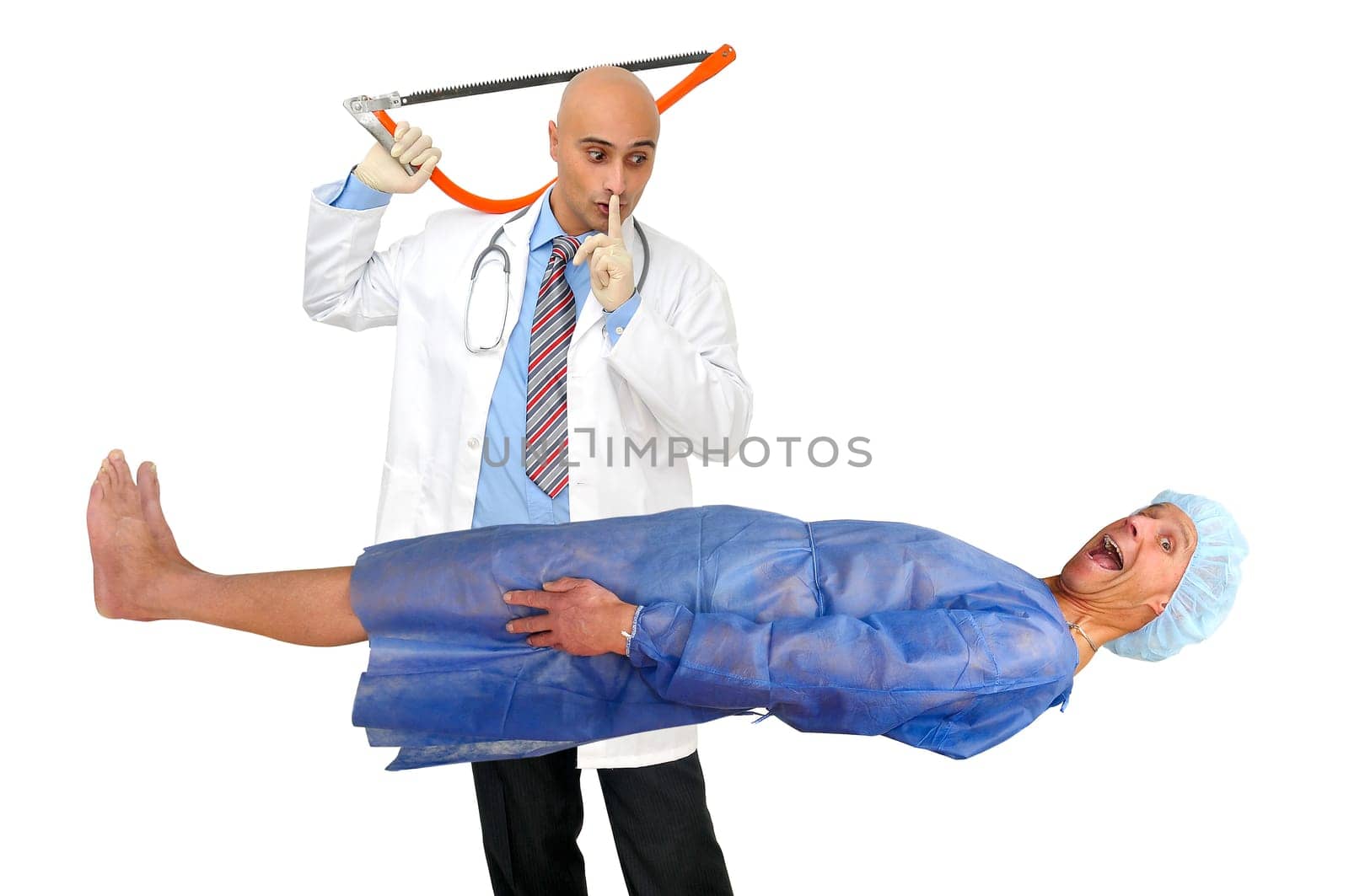 Doctor examinating a patient with a big saw isolated in white