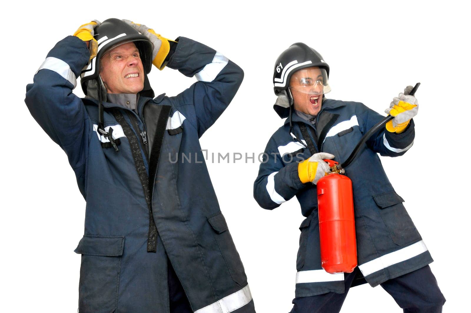 Firemen in uniform isolated in white