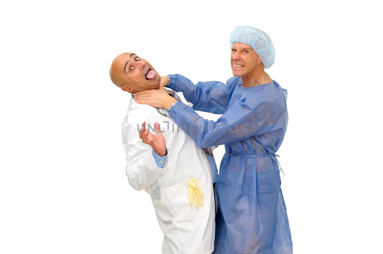 Patient strangulating his doctor isolated in white