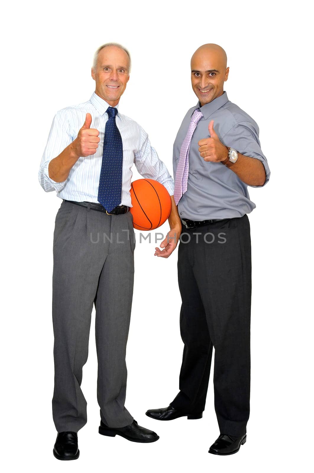 Two businessmen with a basketball isolated in white