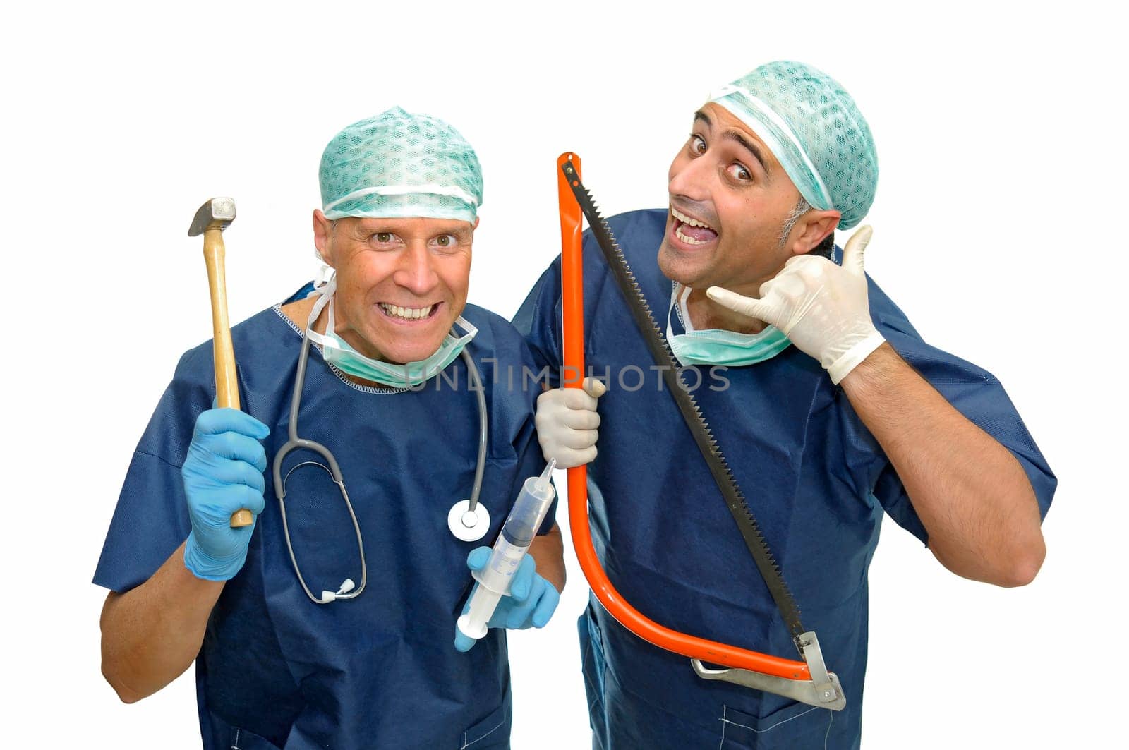 Crazy doctors with tools isolated in white