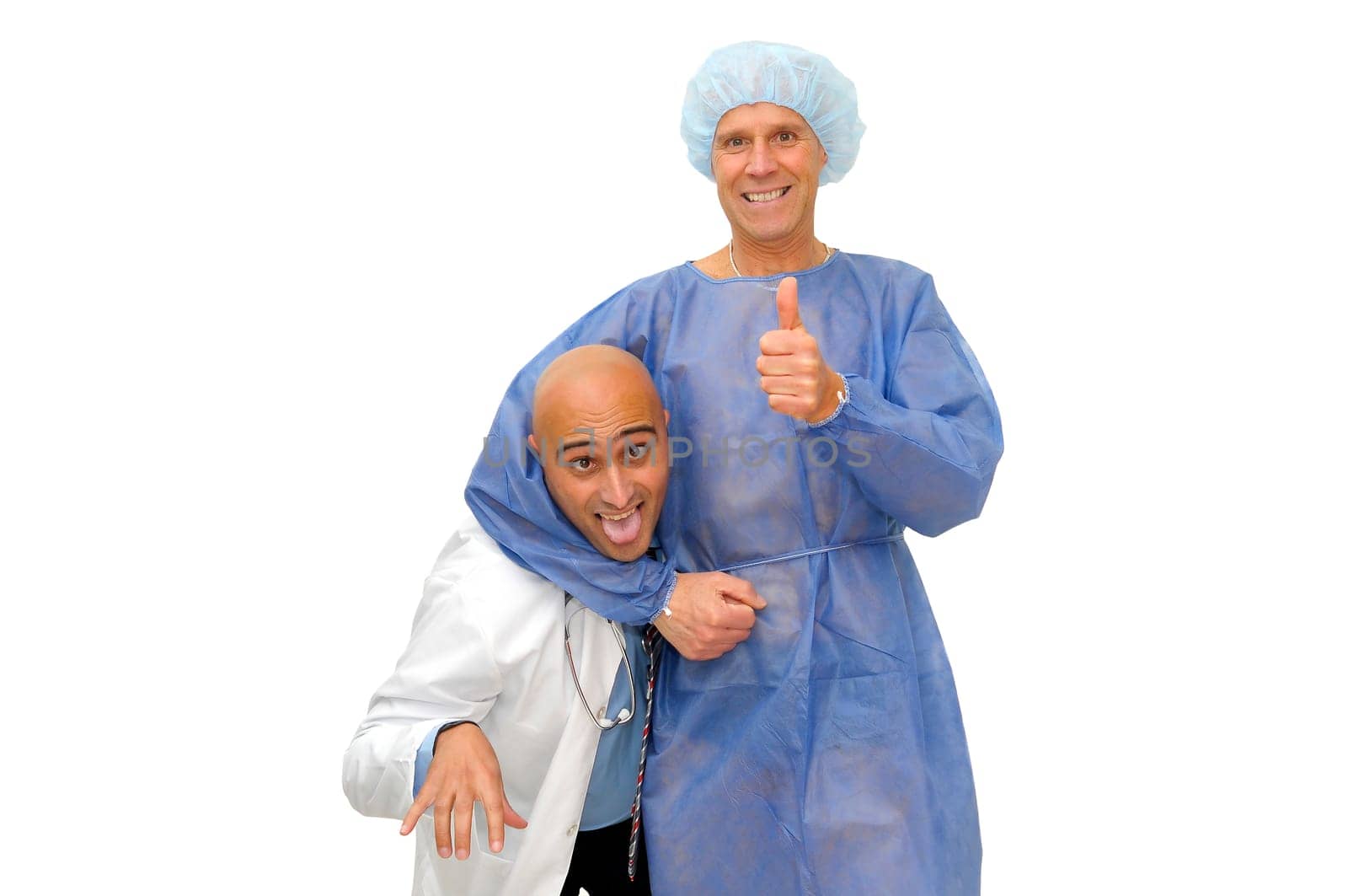 Patient strangulating his doctor isolated in white