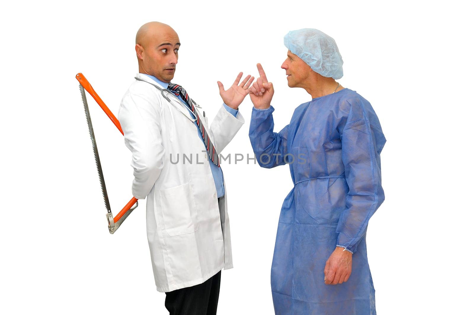 Doctor with hidden saw talking to his patient isolated in white