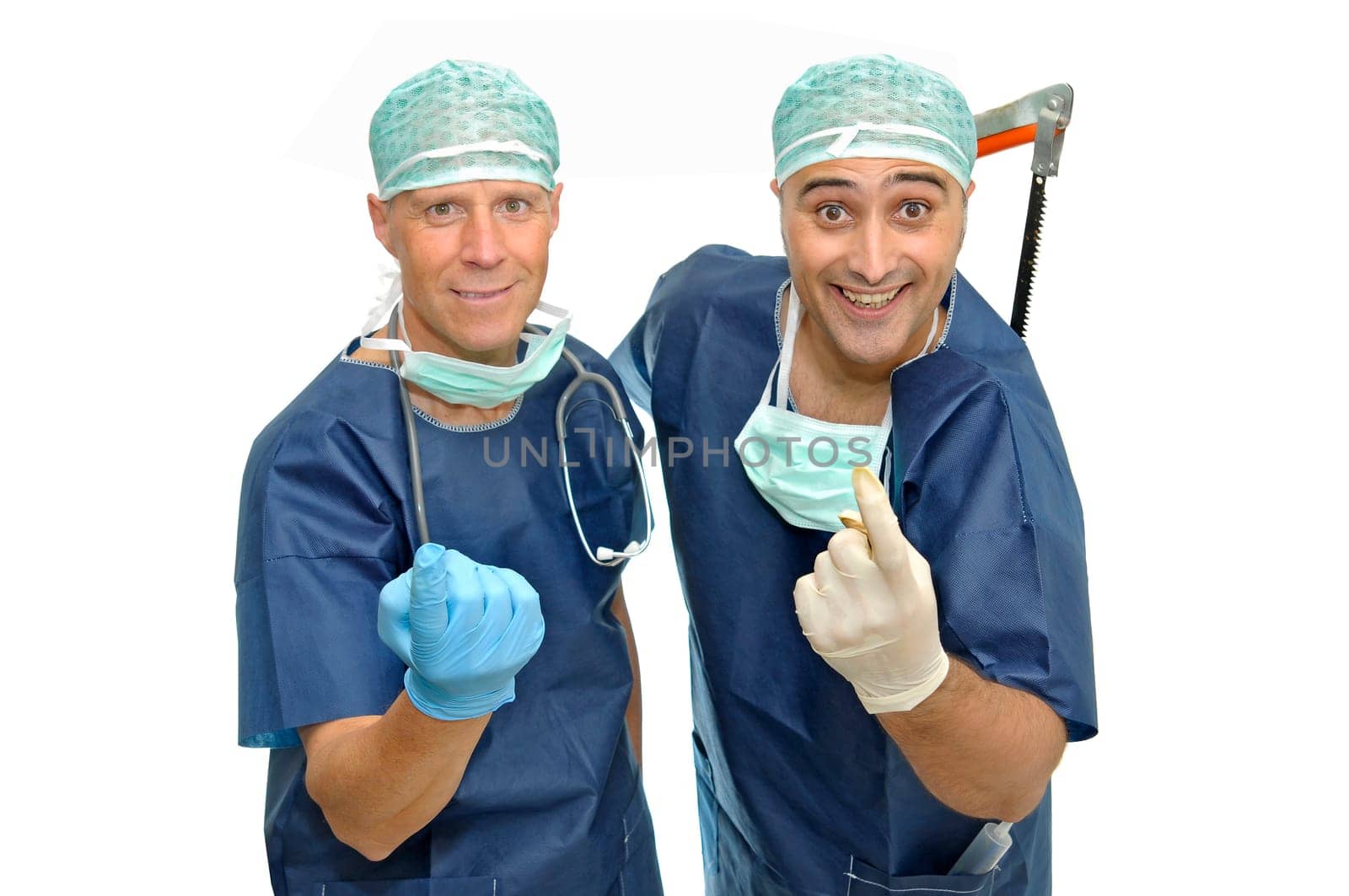 Crazy doctors with tools isolated in white