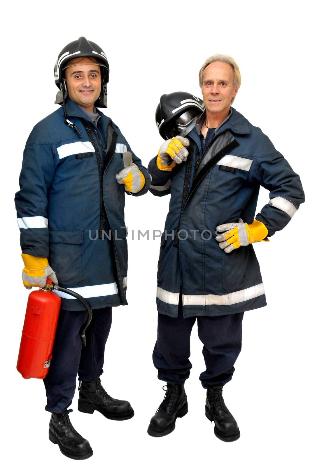 Firemen team in uniform isolated in white