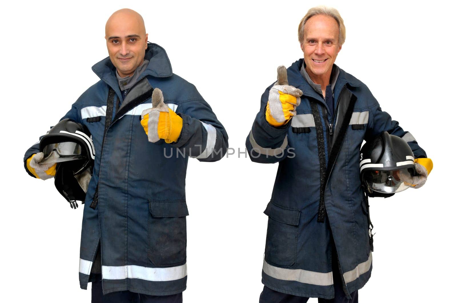 Firemen team in uniform isolated in white