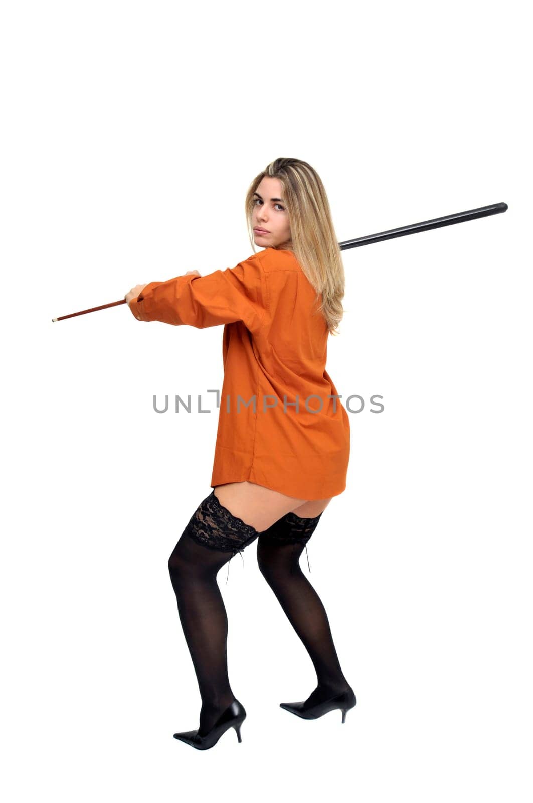 Sexy girl with man's shirt and tie holding a snooker cue