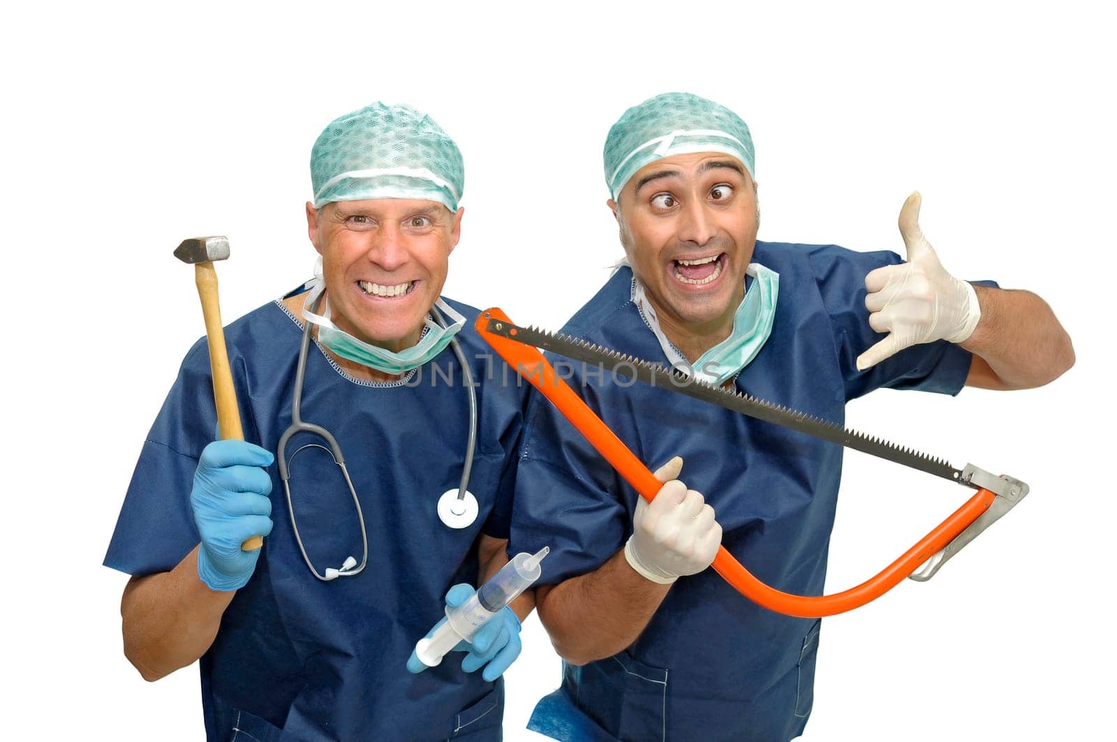 Crazy doctors with tools isolated in white
