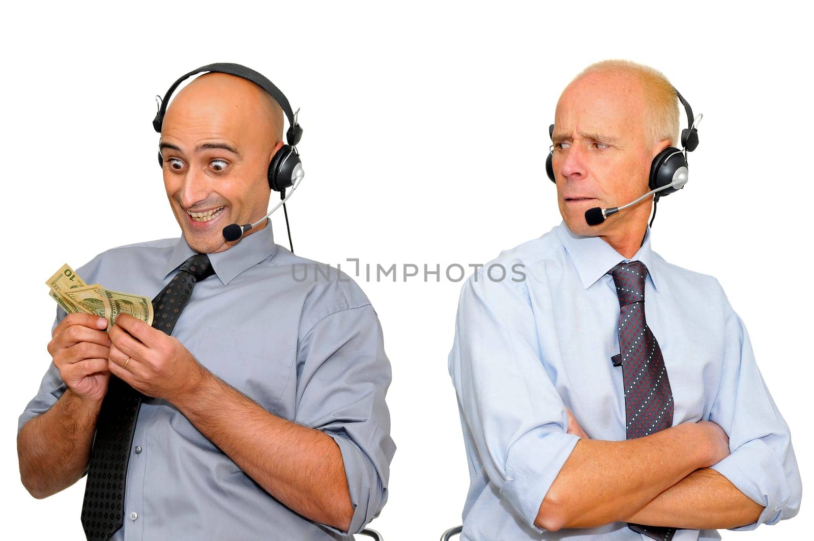 Successful salesman and envious partner isolated in white