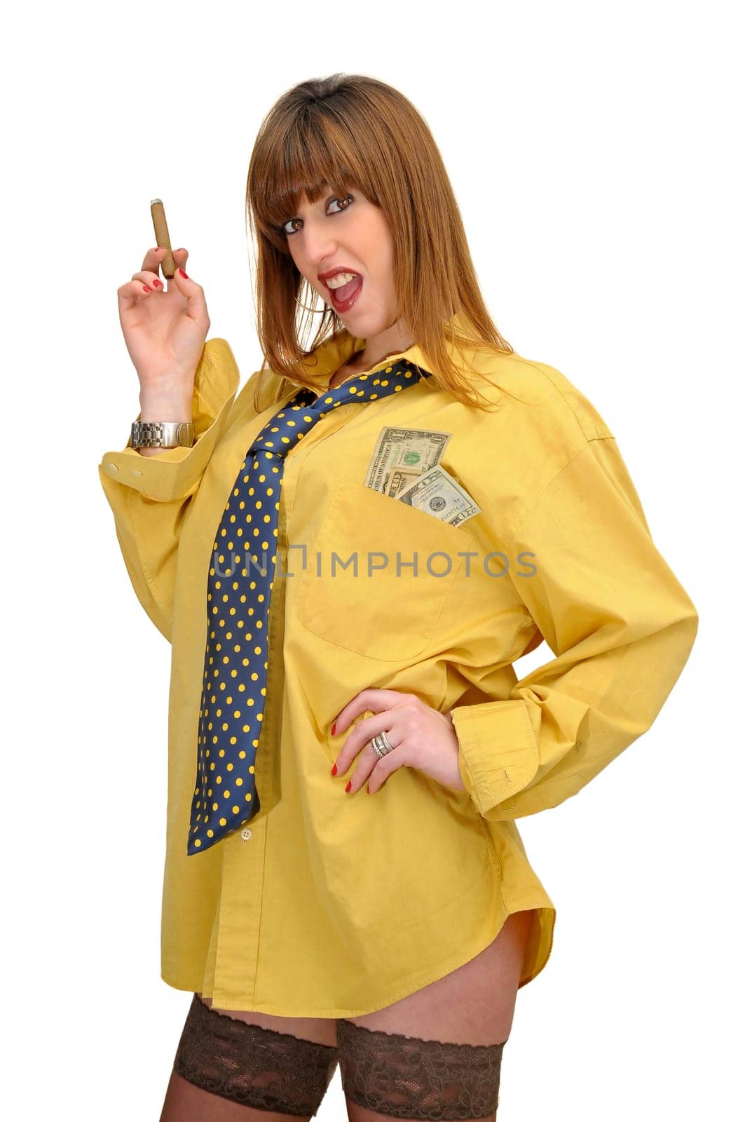 Business woman with money isolated in white