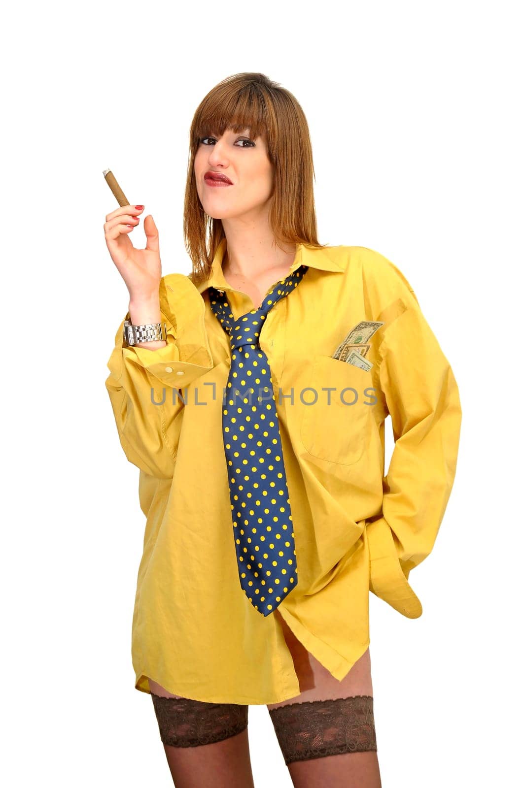 Business woman with money isolated in white