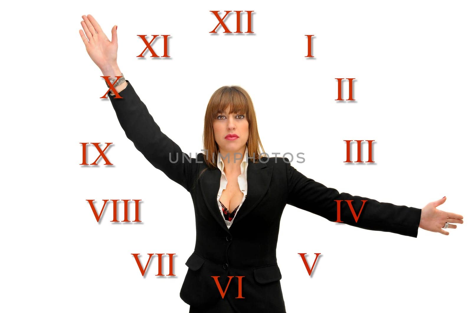 Business woman with numbers isolated in white
