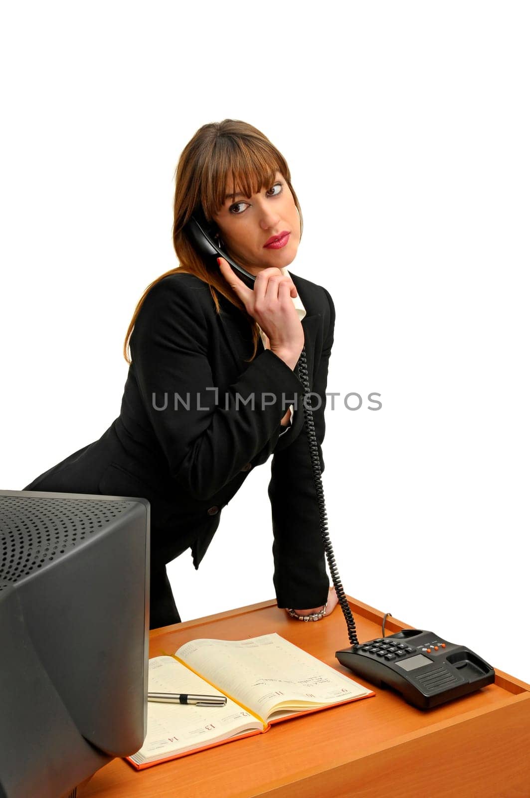 Business woman with phone isolated in white