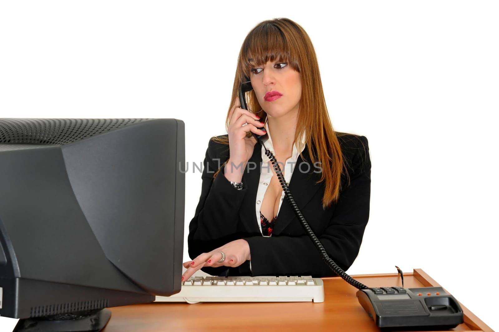 Business woman with phone isolated in white