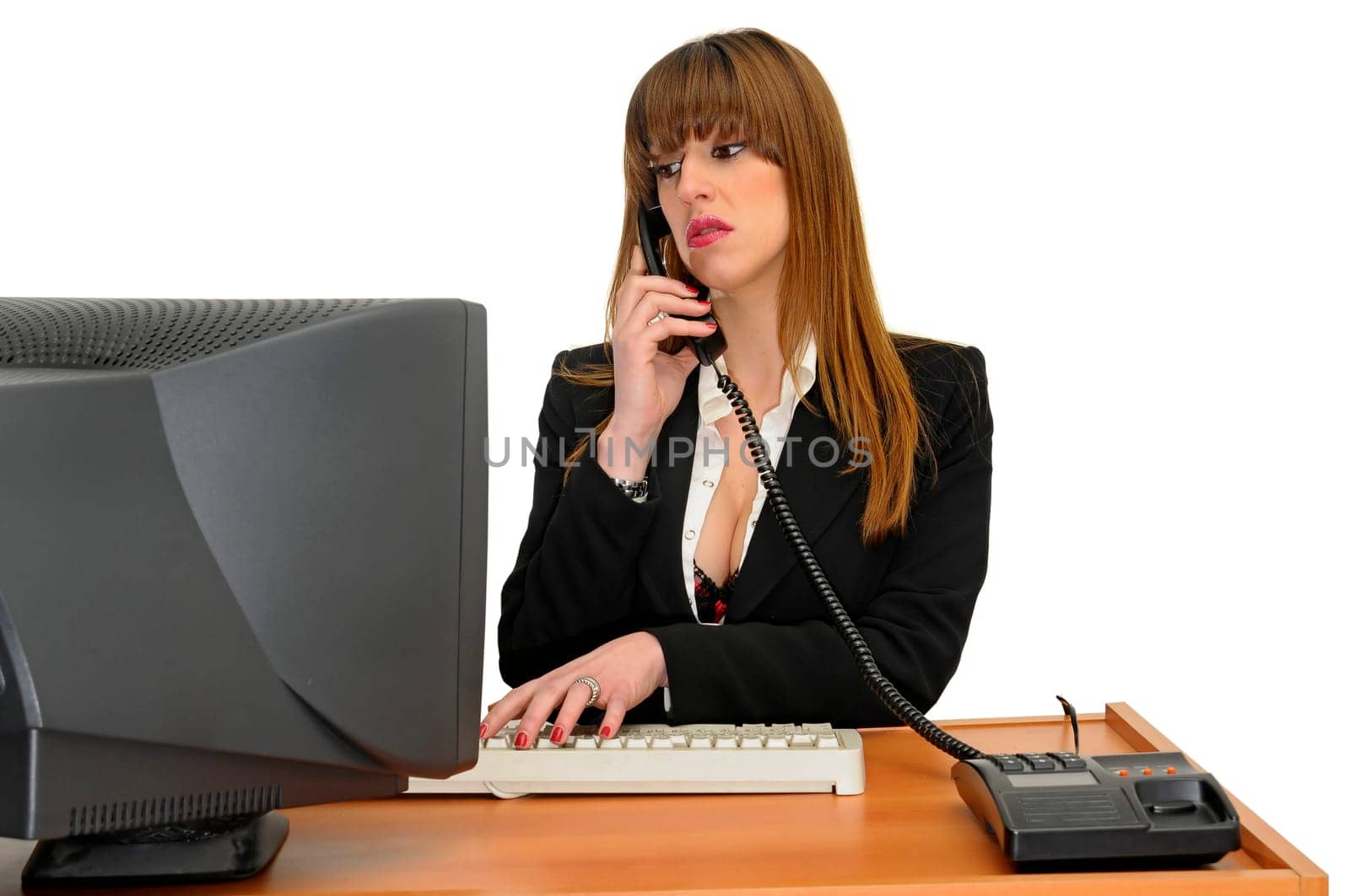Business woman with phone isolated in white
