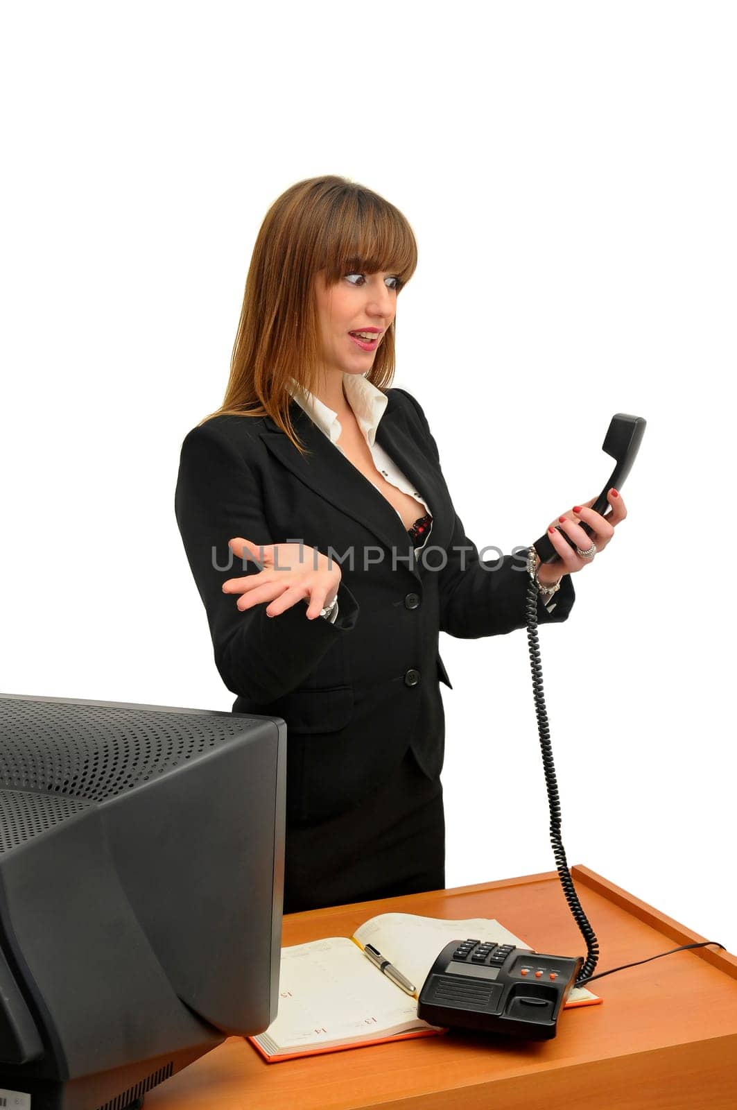 Business woman with phone isolated in white