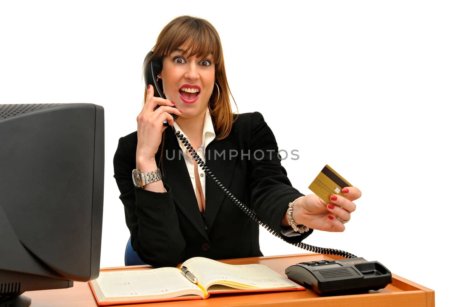 Business woman with credit card isolated in white