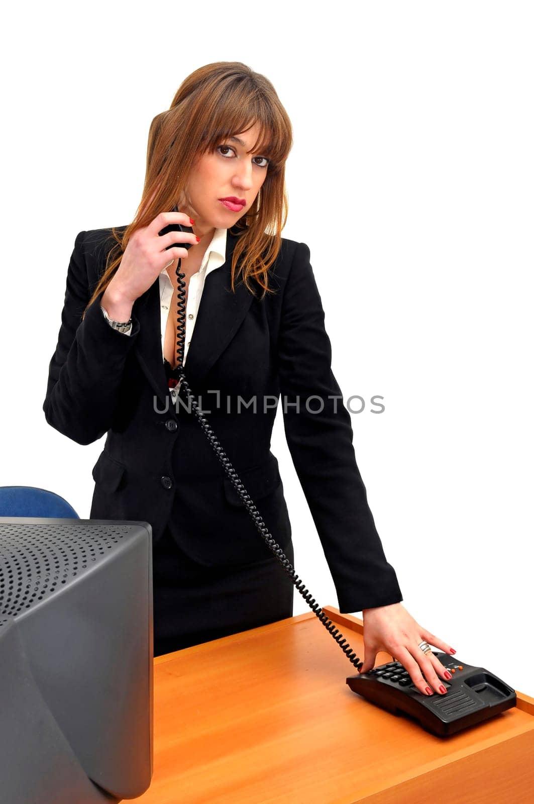 Business woman with phone isolated in white
