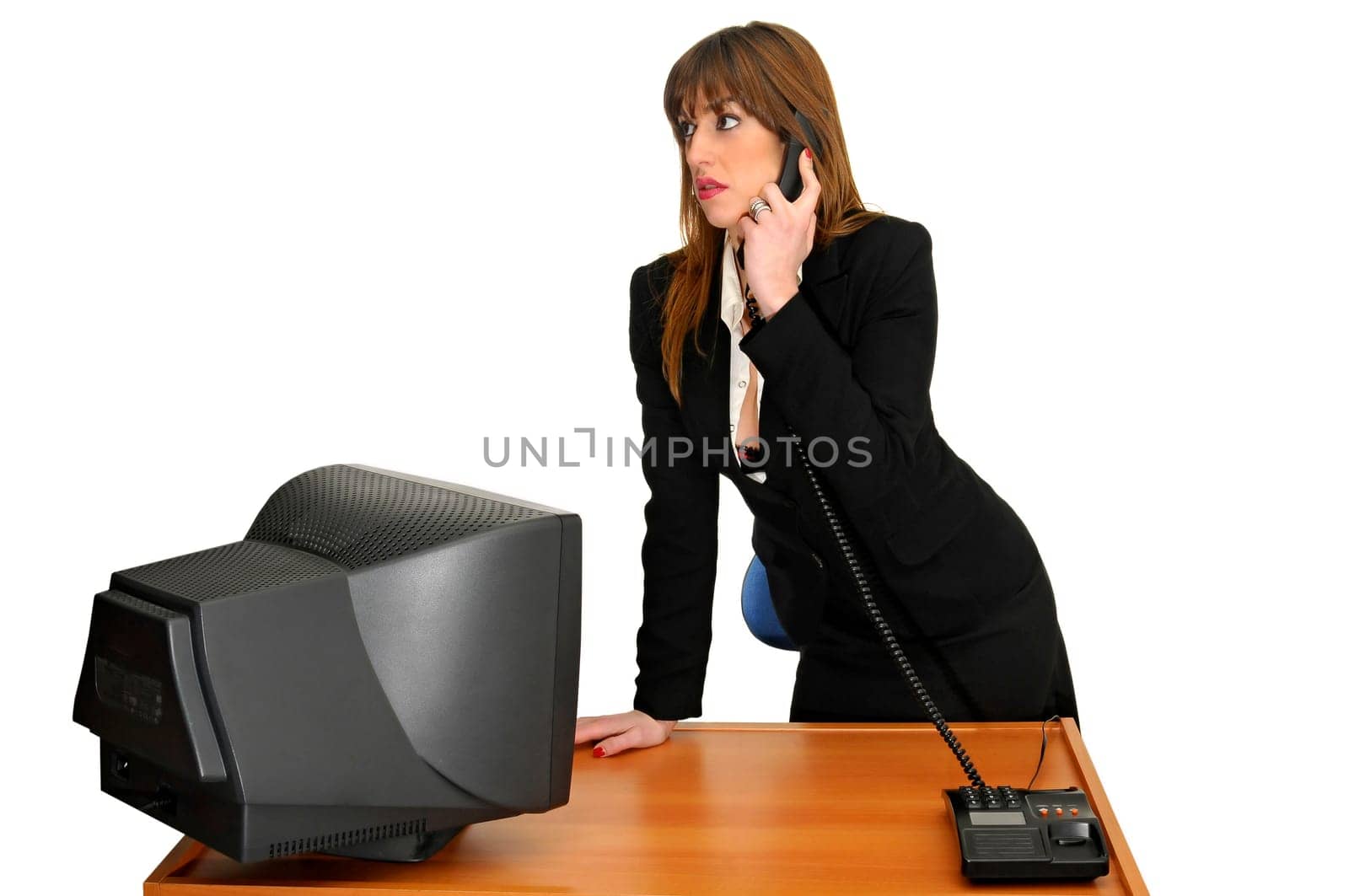 Business woman with phone isolated in white